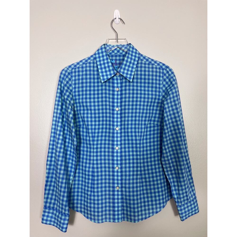 J McLaughlin Women’s Blue Check Plaid Long Sleeve Button Up Shirt Preppy Size 4